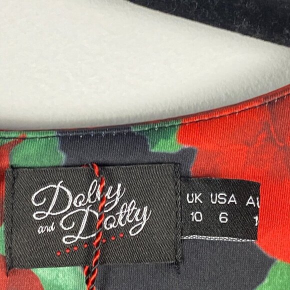 Dolly & Dotty Fit & Flare Midi Dress Size 6 Red Floral Half Sleeve Retro Pinup - Picture 4 of 11